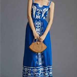 Embroidered heavy linen FARM Rio dress in stunning blue color
